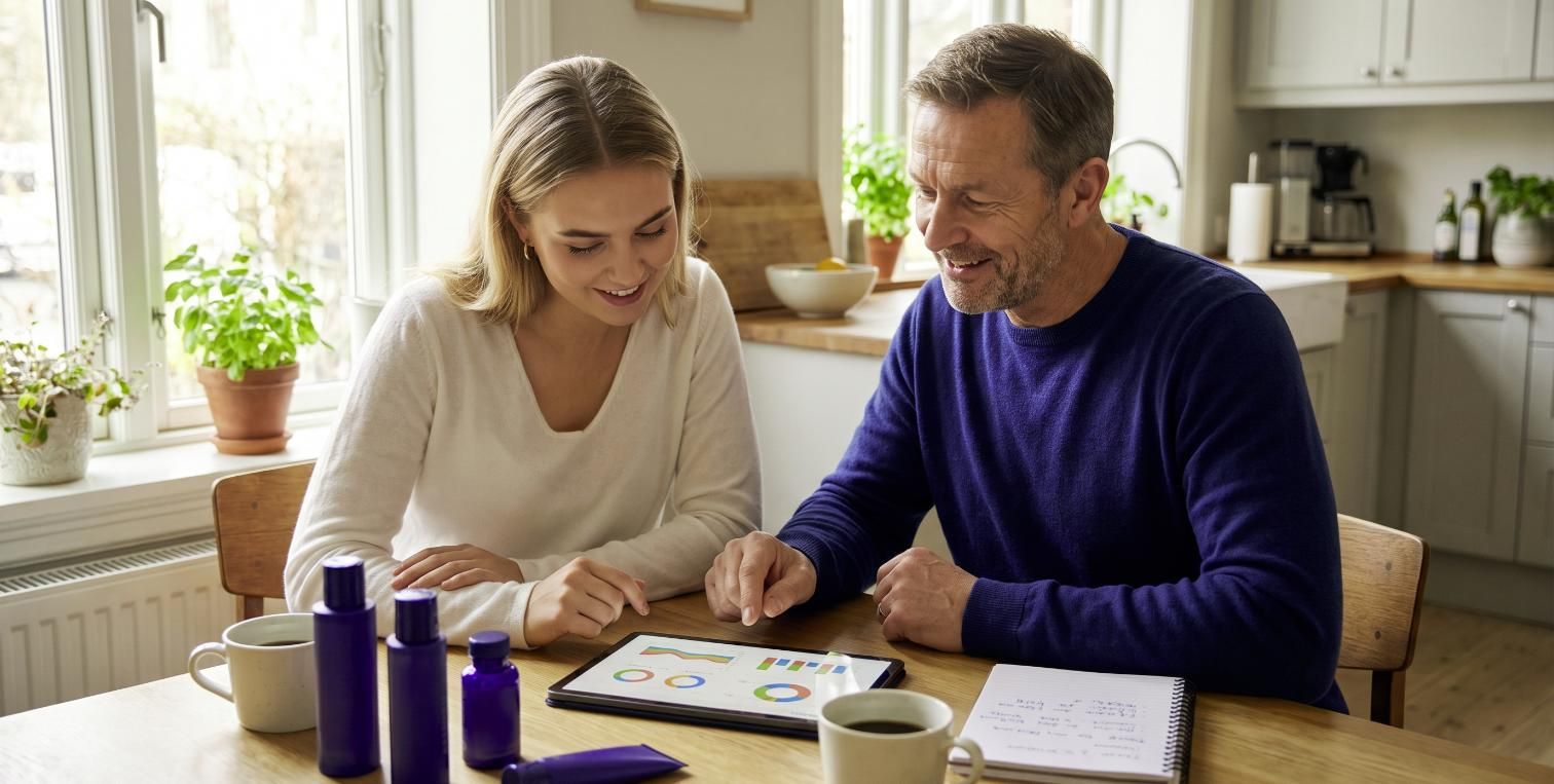 An experienced coach and a young distributor sit together at a kitchen table looking at a tablet with sales figures