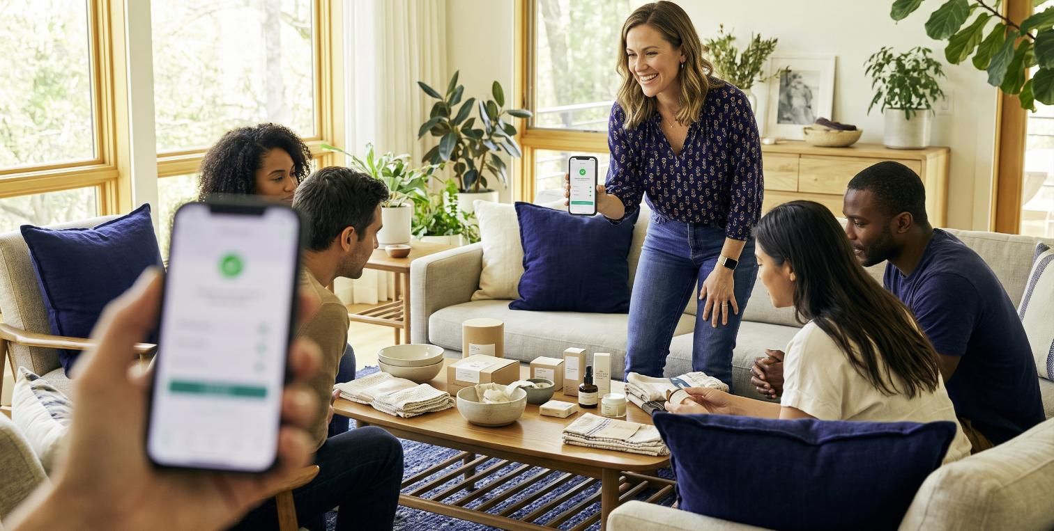 A distributor presents products at a home party while an order is confirmed on a smartphone